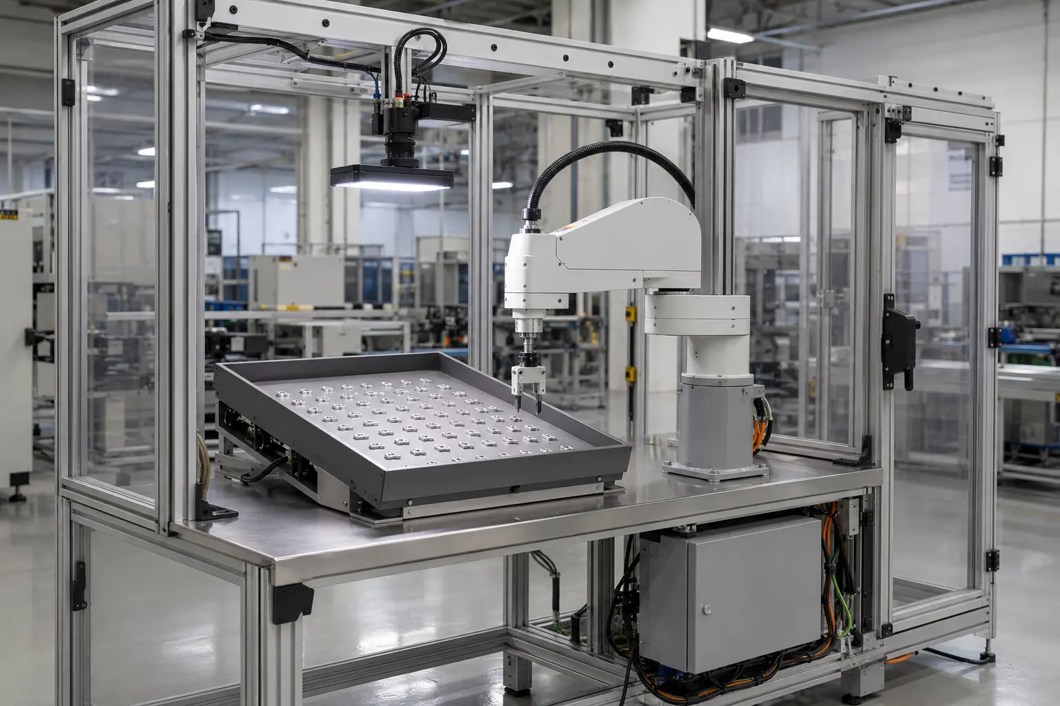 Robot arm beside a tray of small components beneath a camera and light.