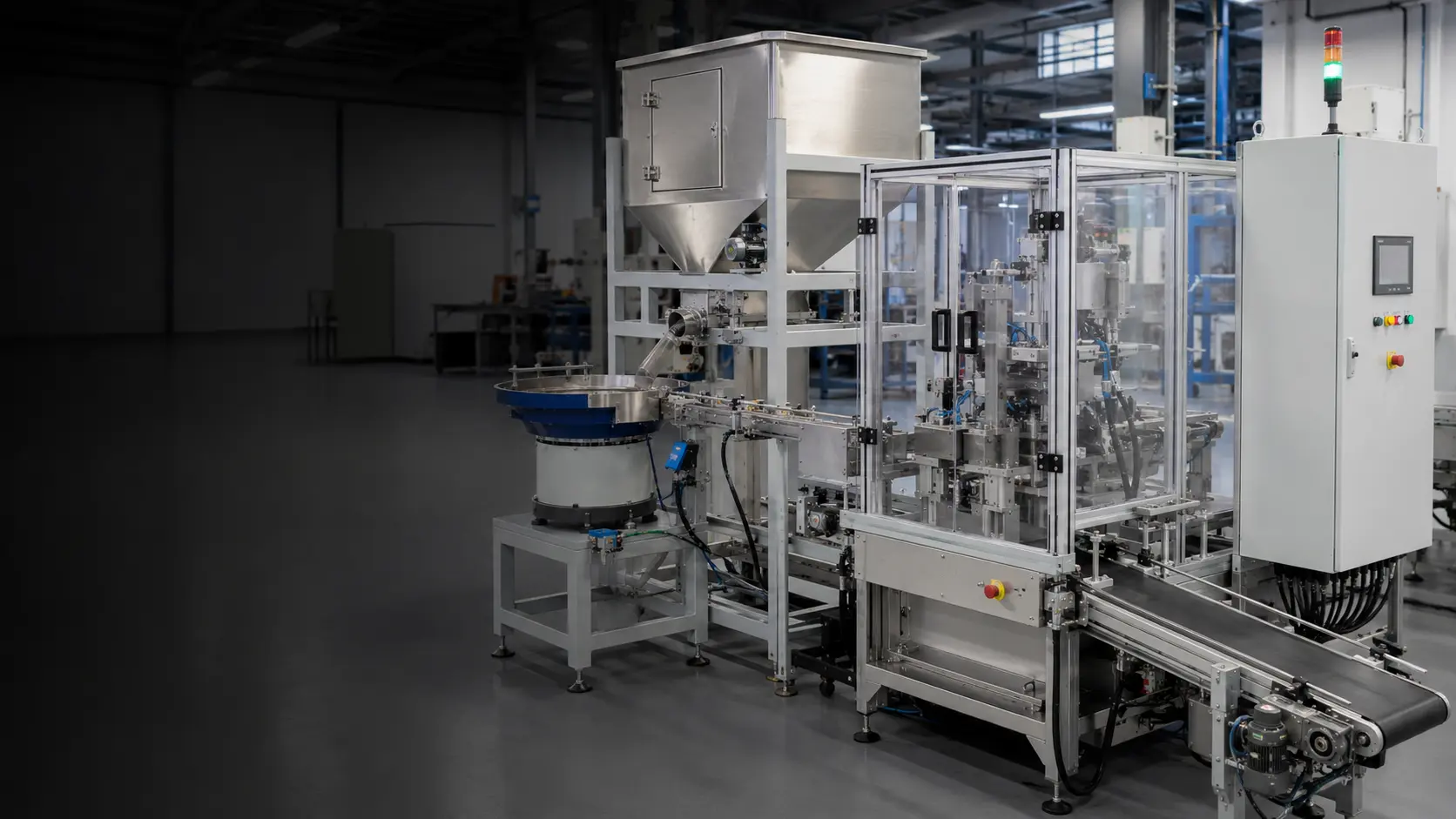 Hopper, bowl feeder and conveyor beside an enclosed machine and control cabinet.