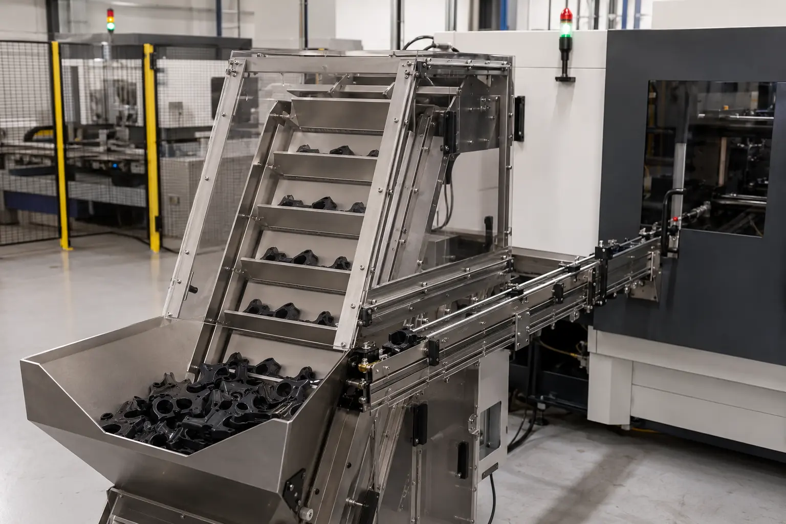 Black components in a hopper and on an inclined feeding mechanism beside a linear track.