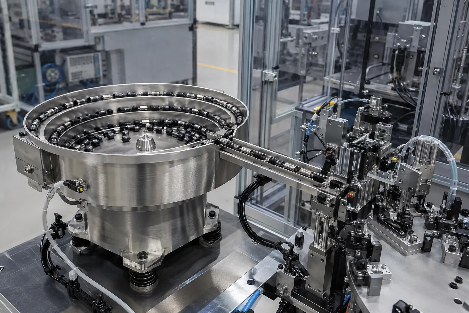 Circular bowl and linear track containing small cylindrical components.